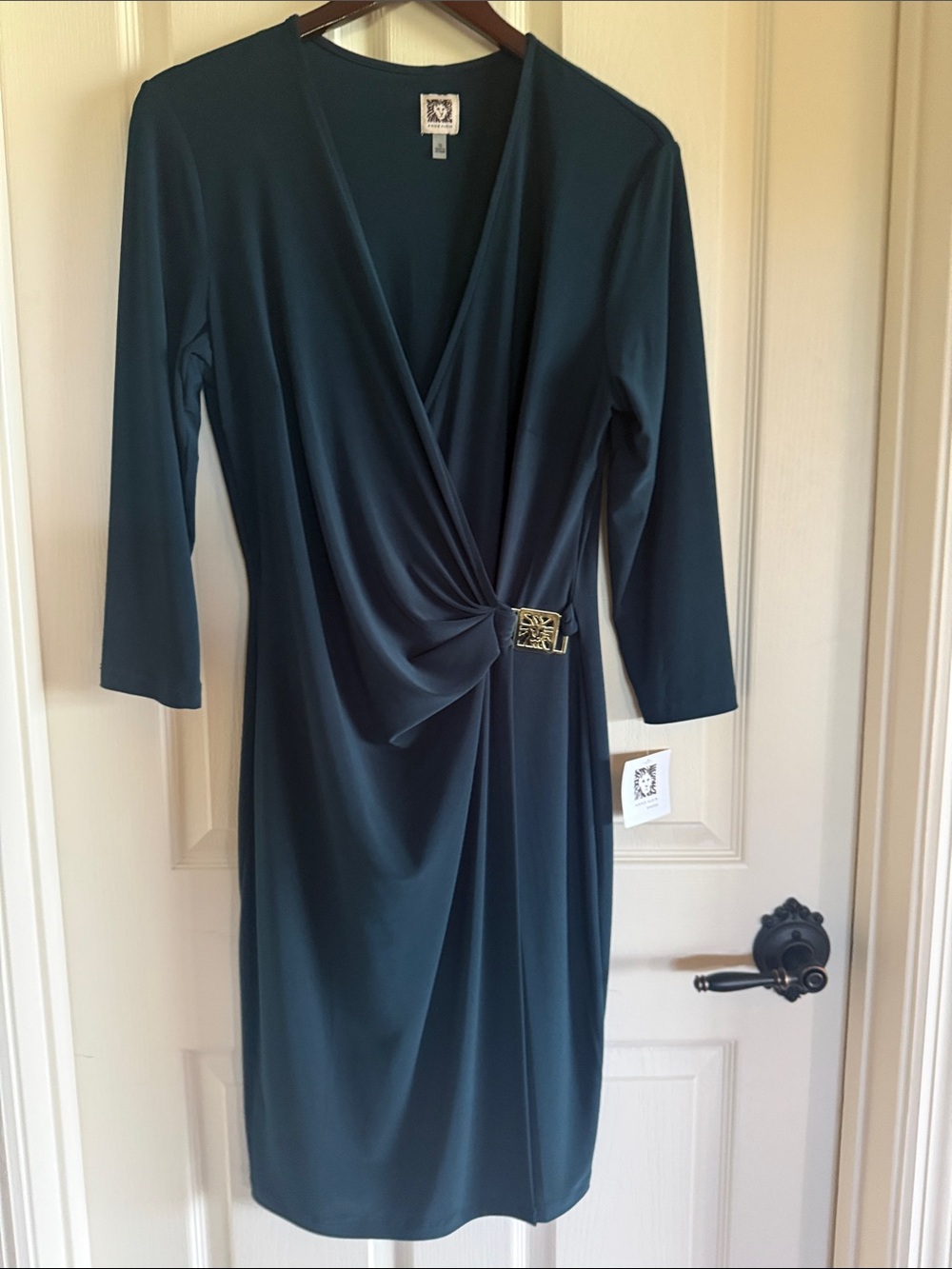NWT Anne Klein Deep Green Faux-Wrap Midi Dress with Buckle Accent